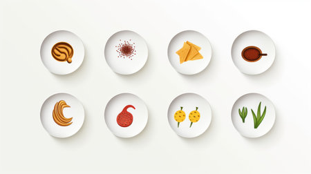 a set of paper plates featuring a vibrant blend of rooibos, fruit, and vegetables. the design showcases digital gradient blends, chinese iconography, and minimal retouching. the color palette includes light white and maroon, while layered gestures and mughal painting influences add depth. the photo is captured using spot metering for optimal lighting. ai generatedの素材