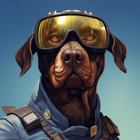 a dog wearing safety goggles is showcased in this hyper-detailed portrait. the 2d game art style brings out the vibrant sky-blue and bronze colors, while the action-packed cartoons and militaristic realism add an exciting touch. with elements of rtx and explosive wildlife, this image captures the dog's adventurous spirit. ai generatedの素材