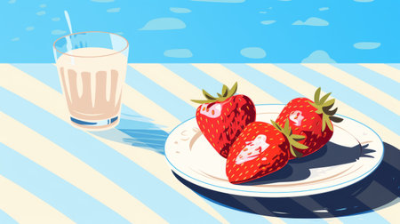 a plate with four juicy strawberries and a glass of milk is depicted in this colorful animation still. the digital illustration showcases seaside vistas with high-contrast shading, combining light beige and blue tones. the bold and cartoonish lines add a playful touch to this delightful illustration. ai generatedの素材