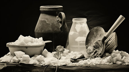a vintage-inspired still life photograph showcasing snow sitting on a table, reminiscent of ruined materials. this monochromatic image captures the essence of a kitchen still life, blending mexican and american cultures. the fluid photography style adds a touch of early medieval art to the composition. ai generatedの素材