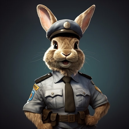 a small cartoon character bunny wearing a police uniform is depicted in this hyper-realistic portrait. created using digital art techniques, this artwork showcases sharp brushwork and draws inspiration from fantasy characters. this unique piece of art can be found on flickr and is reminiscent of the style seen in national geographic photos and the works of the group f64. ai generatedの素材
