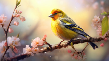 a small yellow bird perches on the branches of cherry blossoms, showcasing a realistic hyper-detailed rendering. the colorful imagery and neogeo style enhance the photo-realistic techniques used, while the golden light adds a touch of warmth. this cute and colorful scene captures the beauty of nature and the delicate charm of the bird. ai generatedの素材