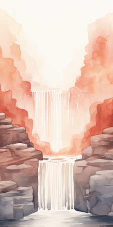 a serene watercolor illustration of a waterfall, created with atmospheric color washes in light maroon and orange. this adventure-themed artwork showcases a spatial concept, reminiscent of monochrome paintings. with a touch of faith-inspired art, this captivating piece captures the beauty and tranquility of nature. ai generatedの素材