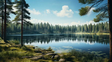 a serene and calm river flows alongside a picturesque lake, creating a stunning 3d scene rendered in the style of unreal engine. the photorealistic graphics showcase the beauty of the forestpunk surroundings, with a sky-blue and yellow color palette adding to the enchanting atmosphere. the eerily realistic renderings capture the tranquil and serene essence of this breathtaking landscape. ai generatedの素材