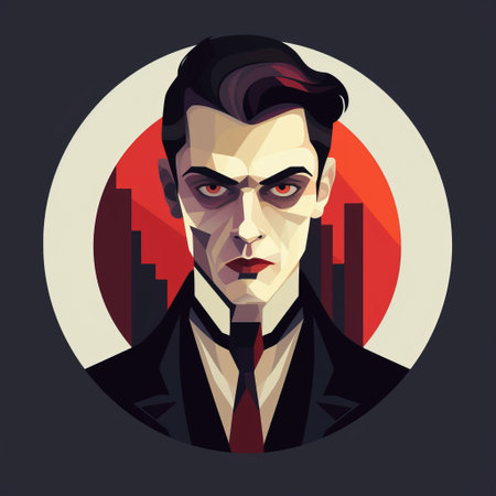 a small art deco-inspired illustration of a vampire with a strong facial expression, set against a red background. the flat design and sharp focus capture the essence of city portraits, while the dark and muted colors evoke a sense of suburban gothic. ai generatedの素材