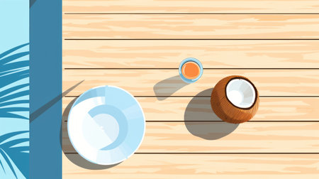 a teeming plate and cup sit on a wooden table outdoors, depicted in a simplistic cartoon style. the flat backgrounds and minimalist illustrations create a visually appealing scene. the realistic and detailed rendering of the objects adds depth to the flat illustrations. the birds-eye-view perspective enhances the overall composition of this captivating illustration. ai generatedの素材