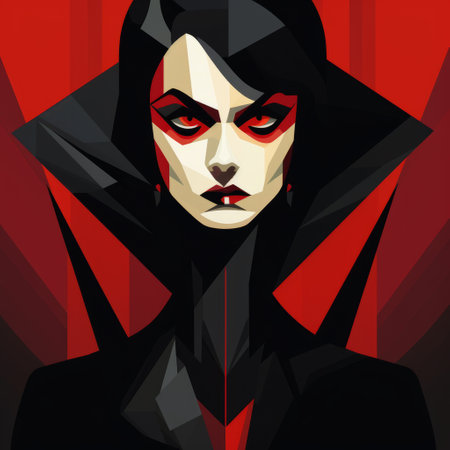 the person in the photo is wearing a striking black and red outfit, reminiscent of colorful geometric abstractions. their intense gaze adds to the overall captivating effect of the image. the simplified and stylized portrait showcases elements of victoria goth fashion, while also drawing inspiration from dc comics and the concept of bone and figura serpentinata. ai generatedの素材