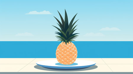 a pineapple sits on a plate on the beach, capturing the essence of a summer vacation. the image is depicted in the style of an architectural illustrator, with flat perspectives and a touch of matt bors' artistic influence. the emphasis on nature is reminiscent of pierre huyghe's work, while the digital illustration showcases high-contrast shading. ai generatedの素材