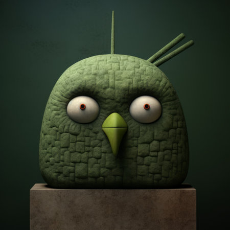 a figurine with a huge face sits on a green base, resembling life-like avian illustrations. created in cinema4d, the figurine features blocky and rustic textures, with a minimalistic japanese and berrypunk style. the playful use of texture adds a unique touch to this artwork. ai generatedの素材