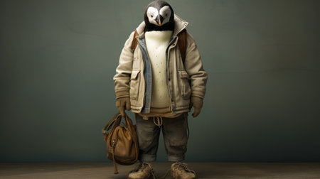 the penguin from the short film "dark matter" is depicted in a street style realism, showcasing post-apocalyptic imagery. the post processing enhances the photorealistic still life of this inventive character design. this unique portrayal captures the essence of normcore fashion and is reminiscent of the renowned vancouver school. ai generatedの素材