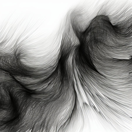 the black and white artwork showcases a background texture that resembles data visualization, with layered fibers and soft brush strokes. created by tony orrico, this interactive artwork features flowing lines reminiscent of gustave dore's illustrations. ai generatedの素材