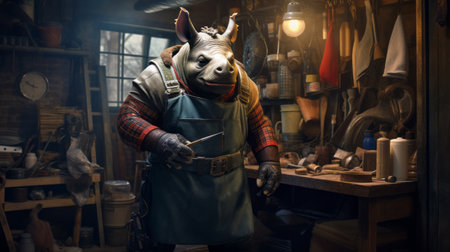 the main character in the game is captured in image 2, showcasing their playful nature as they hide behind a hoof. this artwork, inspired by the style of bill gekas and raphael lacoste, combines elements of kitchen still life and swordpunk. the characterful animal portrait is skillfully crafted using traditional techniques, with a unique twist of being made of wrought iron. ai generatedの素材