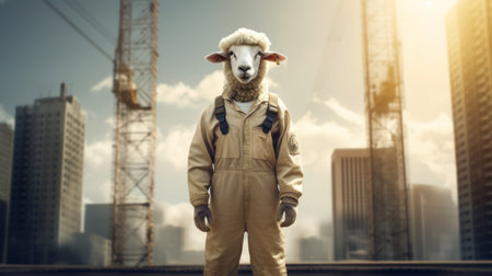 a sheep constructed in a dystopian cityscape, captured in a social media portraiture style. this uhd image showcases quirky character designs and uniformly staged scenes. shot on 70mm, this illustration presents a unique and captivating visual narrative. ai generatedの素材