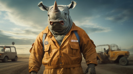 a rhino wearing a suit stands on a dirt road, attentively observing vehicles passing by. this unique artwork, created in the style of zbrush, showcases intricate costume details and draws inspiration from dutch marine scenes. the image captivates with its uniformly staged composition, inventive character design, and atmospheric portrait-like quality. the rhino's presence adds a touch of realism to the overall scene, reminiscent of life-likeの素材