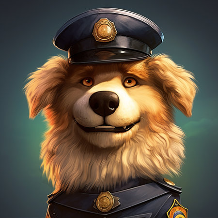 a dog wearing a police badge on its head is depicted in this realistic fantasy artwork by michael malm. the 2d game art showcases furry elements, subtle gradients, and caricature faces, all brought to life with realistic color schemes. ai generatedの素材