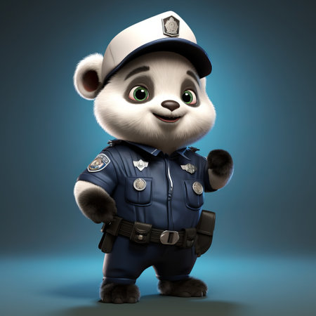 a black panda, inspired by the playful character designs of raphael lacoste and daz3d, is depicted wearing a police uniform adorned with a blue hand symbol. this unique and charming creation by miki asai showcases her talent for characterizing animals. this commissioned artwork is a delightful collaboration with chuah thean teng. ai generatedの素材