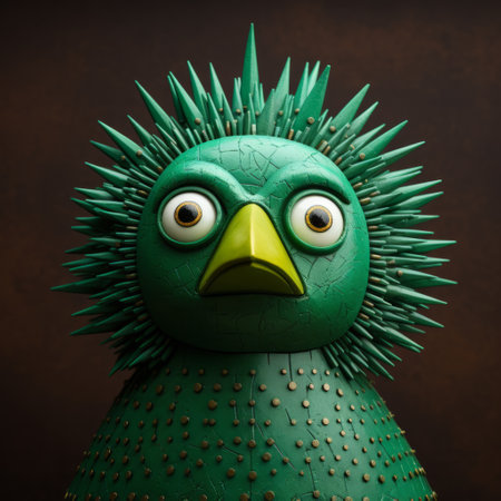 green toy bird with spikes, resembling surrealistic portraits by emek golan, jarosaw janikowski, and nicolas poussin. created using maya and captured with a rodenstock imagon 300mm f58 lens. this quirky character design showcases a unique blend of artistic influences and playful aesthetics. ai generatedの素材