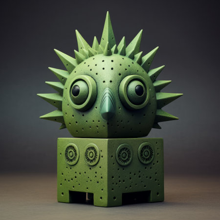 the toy robot, with its unusual appearance, embodies the essence of goblincore. this digital illustration showcases a unique blend of sharpprickly and baroque sculptor aesthetics. its light green and navy color palette adds a touch of intrigue, while the solarization effect enhances its otherworldly charm. the avian-themed elements further enhance its whimsical appeal. ai generatedの素材