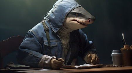 a shark, resembling a fantasy character, is depicted sitting at a desk in this hyper-detailed portrait. the artwork showcases inventive character designs and draws inspiration from firecore and frogcore aesthetics. the image is reminiscent of the style seen in the works of berndnaut smilde and is captured in a handheld format. ai generatedの素材