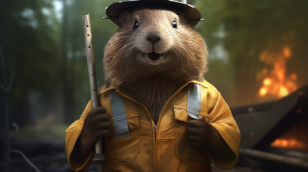 a beaver, dressed in a detailed costume, sits in a fire truck holding a bat in his left hand. this photorealistic portrait captures the romanticized country life with its animated gifs and smokey background. the image is created in the style of imax and has won awards for its stunning depiction. ai generatedの素材