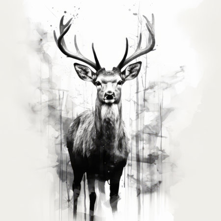 a black and white ink painting of a deer on canvas, showcasing dreamlike illustration with transparent layers and watercolor effects. the artwork features layered images and dark proportions, reminiscent of british topographical illustrations. ai generatedの素材