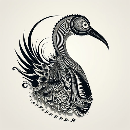 a bird in traditional arabic style, depicted in a graphic design vector illustration, reminiscent of the intricate and dark art style of papua new guinea. the illustration showcases organically inspired body art with intricate dotwork, resembling contemporary animal sculptures. the artwork is characterized by elaborate details and showcases a fusion of cultural influences. ai generatedの素材
