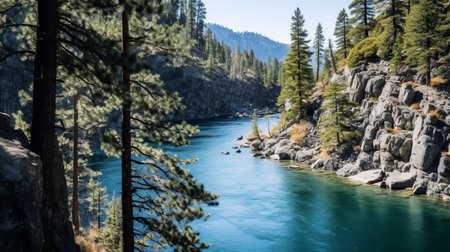 a serene river flows through a dense forest, surrounded by tall trees. the captivating turquoise and gray hues of the scene create a mesmerizing ambiance. this documentary travel photograph captures the essence of nature's beauty. the image showcases a tumblewave and whistlerian aesthetic, offering detailed marine views. ai generatedの素材