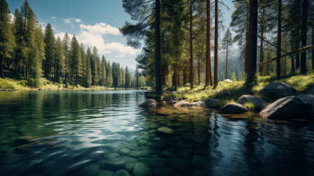 a stunning lake surrounded by majestic mountains and tree-topped peaks. this high-definition wallpaper captures the beauty of the scene, rendered in the style of unreal engine. the california plein air setting adds to the charm, while the 32k uhd resolution ensures a detailed and immersive experience. stephen shortridge's environmental portraiture expertise shines through, showcasing the atmospheric woodland imagery and the enchanting forestpunk aesthetic. ai generatedの素材