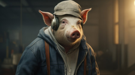 a pig wearing headphones is seen in a photorealistic urban scene, immersed in a game. the fantasy character is depicted in 32k uhd resolution, with a normcore style. the leica r3 camera captures the working class subject, while the cryengine brings the scene to life. ai generatedの素材