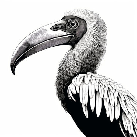 a black and white cartoon-style illustration of a rufous hornbill, showcasing hyper-detail and realistic scientific illustrations. this artwork is inspired by the artistic style of the ivory coast and features chilling creatures. the engraved line-work adds a touch of editorial illustration to this unique piece. ai generatedの素材