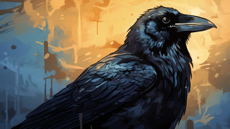 a black bird with grey hair and yellow coloring stands against the backdrop of a sunlit sky in this digital painting. the artwork features a dark bronze and blue color scheme, with a resolution of 3840x2160. this commissioned piece captures the essence of cryptidcore and caninecore aesthetics, showcasing a monochrome style. ai generatedの素材