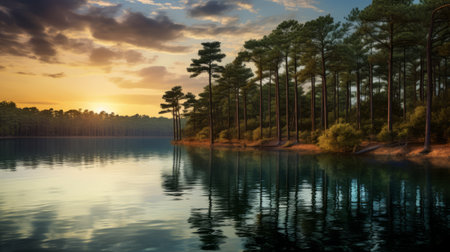 a stunning photo captures the sun rising over a tropical lake at sunset, showcasing the beauty of arcadian landscapes. the image, reminiscent of national geographic's style, features a mesmerizing blend of light amber and turquoise hues. the atmospheric woodland imagery, rendered in a hyperrealistic manner, highlights the stark contrast between light and shadow, evoking the essence of the southern countryside. ai generatedの素材