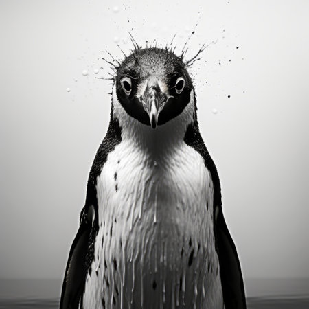 a penguin, captured in a monochromatic portrait style, stands tall with water droplets on its face. this digital artwork showcases the use of time-lapse photography, precise hyperrealism, and techniques like drips and splatters. the image can be found on flickr, adding a touch of soggy charm to this captivating depiction. ai generatedの素材