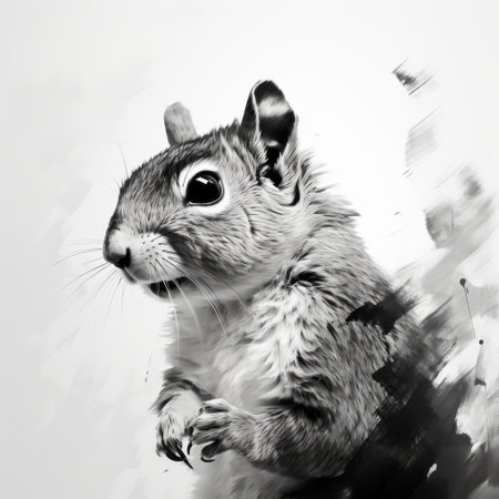 a squirrel sitting on the ground is depicted in this speedpainting-style drawing. the artwork showcases minimal retouching and a black and white realism aesthetic. the playful character design adds charm to the image, while the multiple exposure technique enhances its visual impact. with a resolution of 32k uhd, the drawing exhibits clean and sharp inking. ai generatedの素材