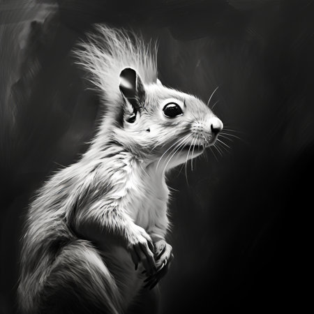 a black squirrel depicted in a black and white painting, created in the style of zbrush. this high-resolution artwork showcases luminous brushwork and a painterly style. the color palette consists of dark white and light crimson tones, resulting in captivating character studies. the use of infrared filters adds an intriguing touch to the overall composition. ai generatedの素材