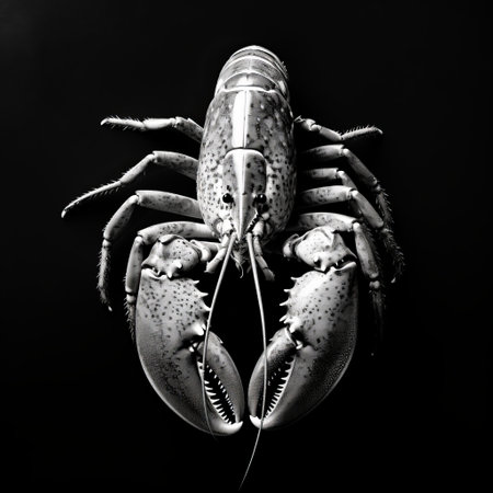 a black and white photo of a lobster on a black background, featuring minimal retouching. this uhd image captures the lobster in a hyperrealistic manner, reminiscent of national geographic's animal portraits. the use of foreshortening techniques adds depth to the composition, while the intense color saturation pays homage to the american barbizon school. ai generatedの素材