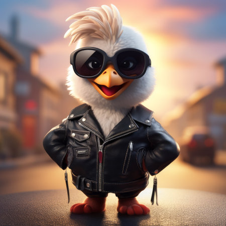 a cartoon-style chicken wearing sunglasses struts confidently on a road, depicted in a photorealistic rendering. the stylish costume design adds flair to the character, created using cinema4d. the emotionally charged portraits capture snapshots of iconic hollywood stars, with a play on light and shadow, creating a captivating visual contrast. ai generatedの素材