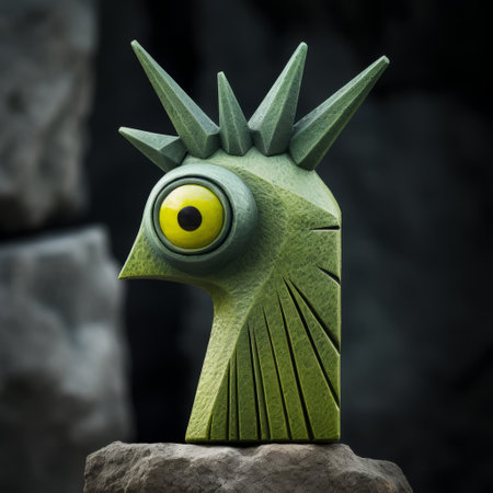 the statue features a unique design with green color, yellow eyes, and horns. it is created in the style of cinema4d rendering, combining elements of naturalistic bird portraits, organic stone carvings, and cartoonish character design. the sculpture showcases a blend of influences, including the iconic leica r3 camera, spiky mounds, and americana iconography. ai generatedの素材