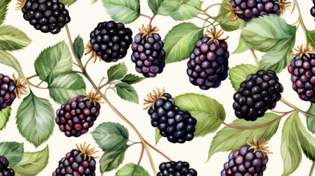 a seamless pattern featuring blackberries, leaves, butterflies, and mushrooms on a white background. this trompe l'oeil realism style design is reminiscent of the works of mark brooks and david burdeny, known for their realistic watercolor paintings. the pattern showcases intricate details and is presented in high resolution, making it visually captivating. ai generatedの素材