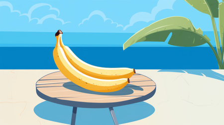 a banana sits on a table, surrounded by a seaside scene. the composition is reminiscent of cartoon art, with a sparse background and vibrant colors. this image is perfect for creative projects, such as 2d game art or colorful animation stills. it is available under a creative commons attribution license. ai generatedの素材