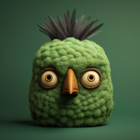 a green creature with spikes is depicted against a vibrant green background. this quirky portrait, created in the style of vray, showcases inventive character designs with a playful use of texture. the matte photo highlights the unique avocadopunk aesthetic, making it a standout piece in the pigeoncore genre. ai generatedの素材