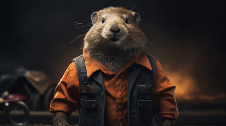 a stray creature, dressed in an orange outfit, is captured in this photorealistic portrait. the image showcases vignetting and metalworking mastery, reminiscent of national geographic photos. with a touch of whistlerian influence, this adventure-themed depiction exudes a unique ratcore aesthetic. ai generatedの素材