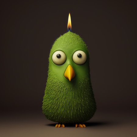 a cute green pigeon with expressive character designs stands in front of a white candle, rendered in cinema4d. this furry art creation showcases playful use of texture and emotive faces. discover this playfully dark and captivating image on flickr. ai generatedの素材