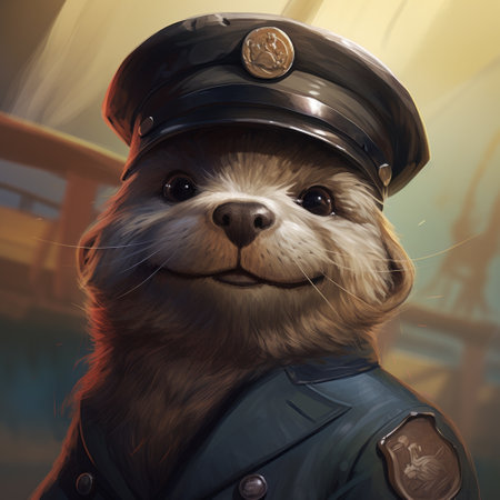 a squirrel dressed as a police officer in a spatial concept art style uniform. this realistic hyper-detail image showcases the squirrel's adorable portrayal of a law enforcement officer. the redshift effect adds depth to the artwork, reminiscent of marine painter techniques. the fusion of qing dynasty aesthetics and furry art creates a unique and majestic portrayal of the squirrel in a police uniform, set againstの素材