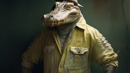 the northern jackal, a costumed alligator with horns and a hat, is depicted in a photorealistic urban scene. this artwork by sacha goldberger, rendered in cinema4d, showcases the art of the congo. the stylish costume design of the northern jackal is captured beautifully through the lens of a konica auto s3 camera by eddie jones. ai generatedの素材