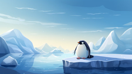 a cartoon penguin is depicted in a cool background featuring majestic mountains, a serene sea, and vast ocean. the artwork is inspired by the frostpunk style, evoking a sense of quiet contemplation. the photo-realistic landscapes are rendered in a superflat style, created by the talented artist ingrid baars. this captivating image is available under the creative commons attribution license and showcases hyper-realistic water. ai generatedの素材