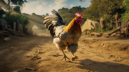 a dynamic and action-packed scene captured in the style of max rive and vicente romero redondo. this uhd image features a traditional vietnamese chicken surrounded by lush green grass. the background showcases the artistic influence of dora carrington, with a combination of light gray and amber tones. ai generatedの素材