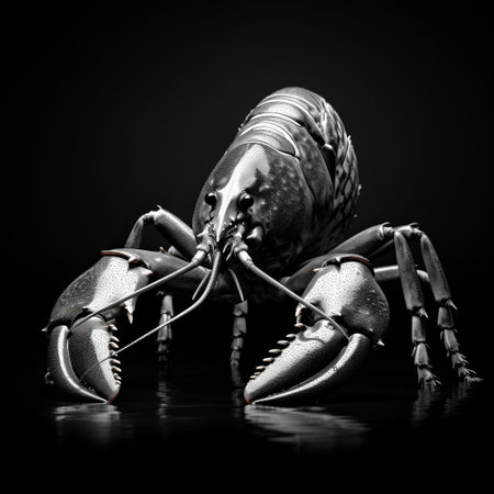 a lobster, with its claws writhing and clapping, is captured in this photo against a black background. the image showcases a unique style resembling liquid metal, achieved through physically based rendering. the lobster appears chrome-plated, with a sleek metallic finish, highlighting its precise nautical details. the color palette consists of dark silver and light black, adding to the overall visual impact. ai generatedの素材