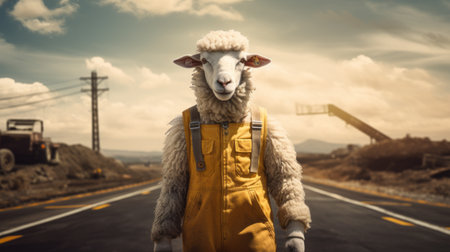 a sheep, in a post-apocalyptic futurism setting, walks down a road. this unique image combines working class subjects, visual puns, and social media portraiture. created using cinema4d, the charming character stands out against the dark yellow and white backdrop. ai generatedの素材