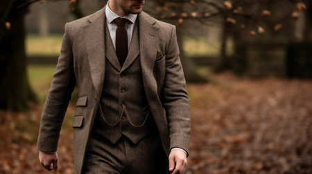 a man walking in a suit in a wooded area, showcasing exquisite clothing detail. the dark beige and brown colors create a bold contrast against the english countryside backdrop. the photo captures a multilayered composition with a focus on traditional craftsmanship, evoking a timeless nostalgia. ai generatedの素材